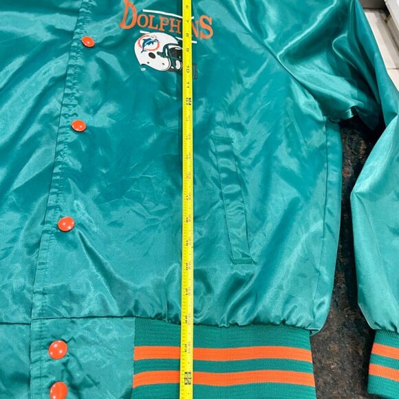 VINTAGE 80’ RETRO BOMBER SATIN JACKET NFL MIAMI DOLPHINS  TEAL/ORANGE SIZE L - Picture 10 of 16